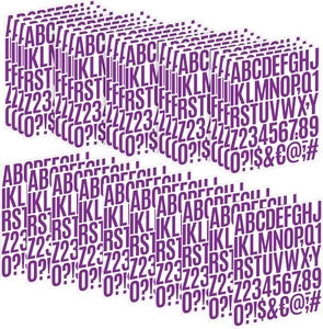 Detailed view of bulk purple alphabet and number sticker sheets for DIY craft decoration