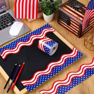 Macro detail of wave-shaped US flag border stickers for classroom bulletin board decor