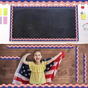 Classroom blackboard decorated with red and blue wavy star border sticker roll
