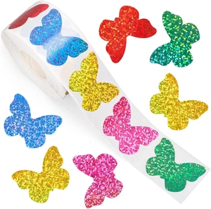 Macro detail of colorful holographic butterfly glitter stickers for gift decoration