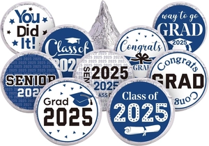 Detail of 2025 graduation stickers with silver foil finish for candy favors and gifts