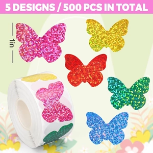 Close-up of holographic butterfly sticker roll with 5 glitter designs for decoration