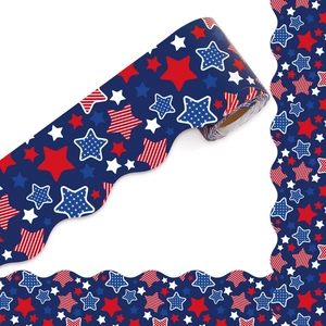 10-meter roll of patriotic scalloped border stickers with red white and blue star designs