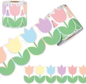 Detail of colorful tulip scalloped bulletin board border sticker roll for crafts