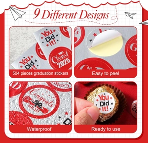 Detail of waterproof graduation stickers with 2025 class designs on chocolate packaging