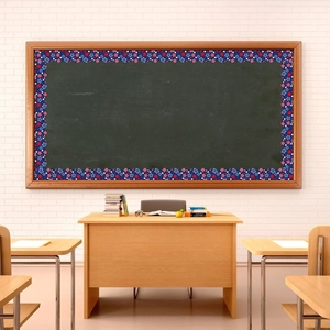 Classroom blackboard decorated with red white and blue star border stickers