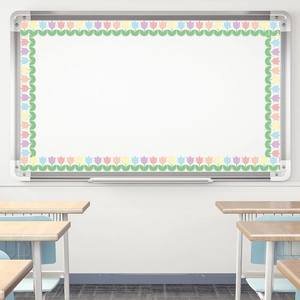 Colorful tulip floral border stickers applied on a classroom whiteboard for decoration