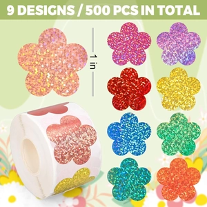 Roll of nine-color glitter flower stickers in 500 pieces for decorative sealing