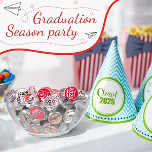 Detail of 2025 graduation stickers on party favors with blue and white hats