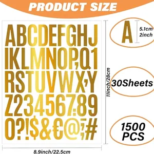 30 sheets of 2-inch gold alphabet and number stickers with 1500 total DIY pieces