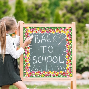 Close-up of colorful tulip flower borders on a chalkboard with back to school theme