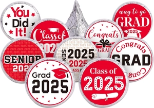 Close-up of 2025 Graduation stickers for chocolate candy bottoms in red, black and white