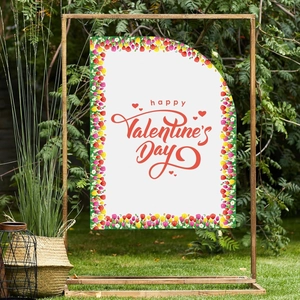 Outdoor garden flag with vibrant tulips and Happy Valentine's Day text on wooden stand