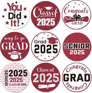 Detailed close-up of nine 2025 graduation theme stickers with caps and diplomas