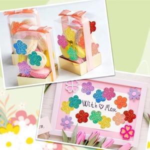 Detail of colorful glitter flower stickers used for DIY gift box and frame decoration
