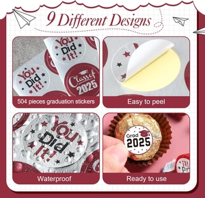Waterproof Class of 2025 graduation stickers with nine unique circular seal designs