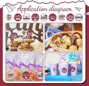 Close-up of 2025 graduation stickers used on cupcakes and gift bags for party decor