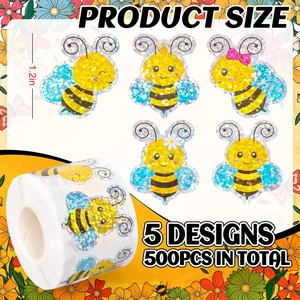 Roll of 500 laser bee stickers, 1.2 inch holographic labels in five cute cartoon styles