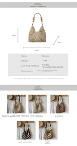 Detail view of woven tote bag with wooden beads and dimensions 33x23cm for summer