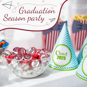Close-up of 2025 graduation stickers for party favors and round candy labels