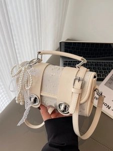 Sac Bandoulière Baril Vintage Doux Künstliche Perle Dentelle Nœud pour Femme Luxe Cuir PU Petit Sac à Main Carré pour Mariage Fête