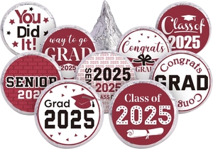 Detail of 2025 graduation round sticker labels for candy and gift seals in assorted designs