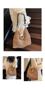 Close-up of hand-woven tote bag with wooden bead straps and diamond pattern details