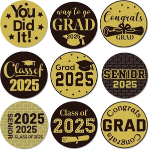 Close-up of 2025 graduation stickers with gold and black designs for party favors