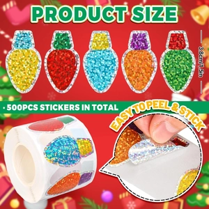 Detail of Christmas bulb glitter stickers with easy-peel design and 1.5 inch dimensions