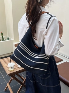 Retro black and white striped canvas tote bag with brown leather strap for women