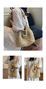 Detail of woven straw tote bag with beaded shoulder straps and hollow mesh design