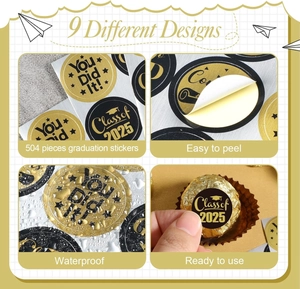 Detailed grid showing 9 designs of waterproof 2025 graduation stickers in black and gold