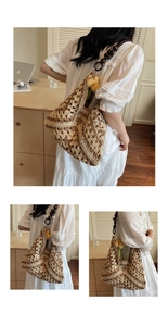 Close-up of woven tote bag with hollow patterns and dark brown bead details on the strap
