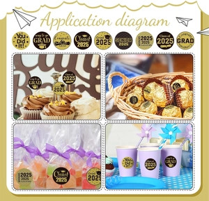 Application of 2025 graduation stickers on gift bags and cupcakes with gold text