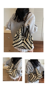 Detail of hand-crocheted tote bag with geometric pattern and wooden beaded shoulder strap