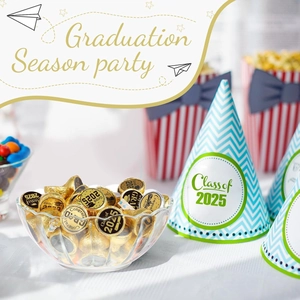 Detail of Class of 2025 graduation stickers on candy for party table decoration