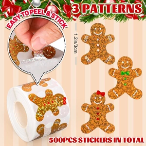 Detail of 500pcs laser gingerbread man stickers with easy-to-peel feature on orange background