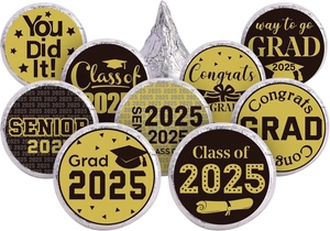 Detail of 2025 graduation party stickers for candy favors and seals with gold accents