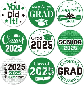 Close-up of 2025 Graduation stickers featuring caps, scrolls, and Congrats GRAD text