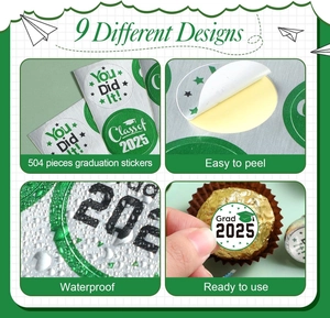 Detail view of Class of 2025 graduation stickers showing waterproof features and easy peeling