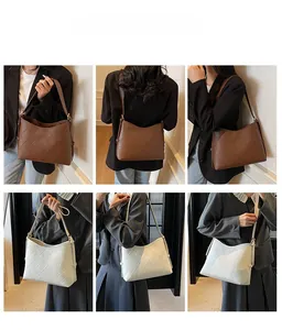 Quilted crossbody tote bag in brown and beige colors shown from multiple perspectives