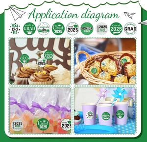 Application view of 2025 graduation stickers on party favors, cupcakes, and gift bags