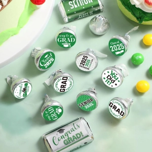 Detail of 2025 graduation stickers for chocolate packaging with green and white motifs