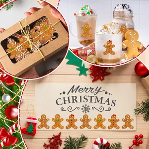 Gingerbread man laser stickers shown on gift boxes, cups, and cards for Christmas decor