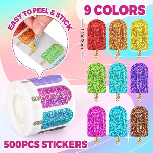 Detail showing 500pcs glitter ice cream stickers in 9 colors with easy-peel feature