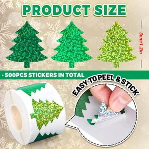 Detail of 500 glitter Christmas tree stickers in various green tones with size markings