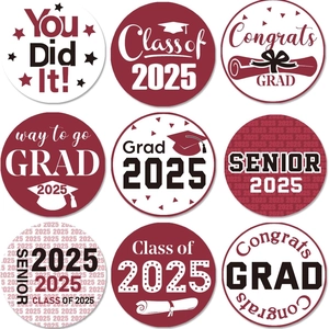 Roll of 500 graduation stickers for 2025 celebration in burgundy and black colors