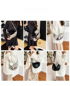 Collage of metallic crescent shoulder bags with knot detail and shiny finish