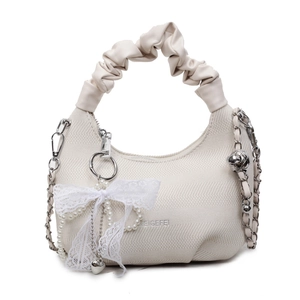Sac à main minimaliste blanc crème en forme de coquillage avec perles et nœud dentelle