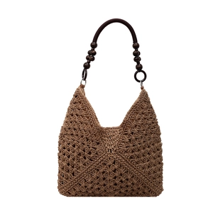 Large capacity dark brown woven tote bag with vintage beaded top handles for women